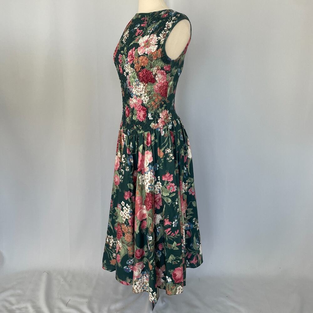Vintage Midi Dress Size 10 Green Pink Floral Botanical Garden Spring Romantic - Picture 7 of 16